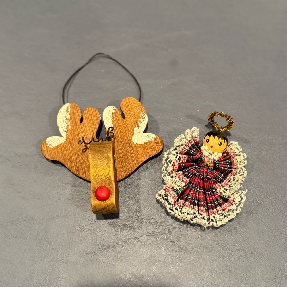 2 Vintage Handmade Folk Art Christmas Tree Ornaments Angel and Reindeer